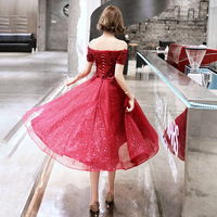 Burgundy tulle lace short A line prom dress, evening dress - Thumbnail 4