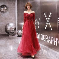 Burgundy tulle lace long A line prom dress, evening dress - Thumbnail 1