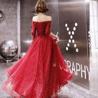 Burgundy tulle lace long A line prom dress, evening dress - Thumbnail 3