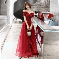 Burgundy tulle lace long A line prom dress, evening dress - Thumbnail 4