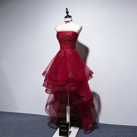 Burgundy tulle lace high low prom dress, evening dress - Thumbnail 1