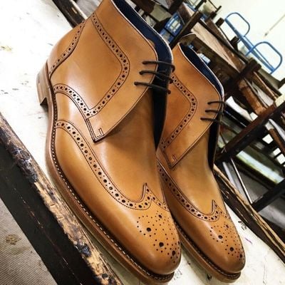 Handmade pure leather tan brogue chukka boots for men's - Thumbnail 4