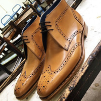 Handmade Pure Leather Tan Brogue Chukka Boots for Men's - Thumbnail 1