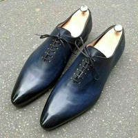 Men's Oxford Blue Genuine Leather Burnished Pointed Derby Toe Handmade Shoes - Thumbnail 1