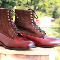 Ankle High Brown Burgundy Boot, Men's Handmade Leather Suede Lace Up Boots For men's Boot - Thumbnail 1