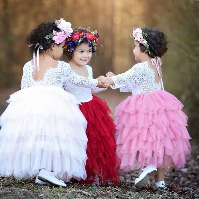 Ball gown white/red/pink flower girl dresses with long sleeves - Thumbnail 5