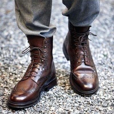 Handmade men wingtip boots, men brown ankle high leather lace up boot for men's - Thumbnail 4