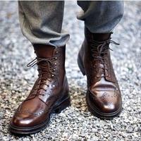 Handmade Men Wingtip Boots, Men Brown Ankle High Leather Lace up Boot for men's - Thumbnail 1