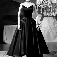 Black satin high low prom dress, evening dress - Thumbnail 3