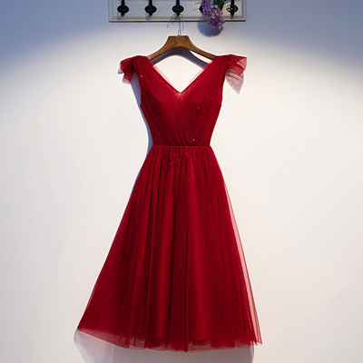 Burgundy v neck tulle short prom dress - Thumbnail 5