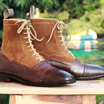 Ankle high brown cap toe boot, men's handmade leather suede lace up boots for men's boot - Thumbnail 5