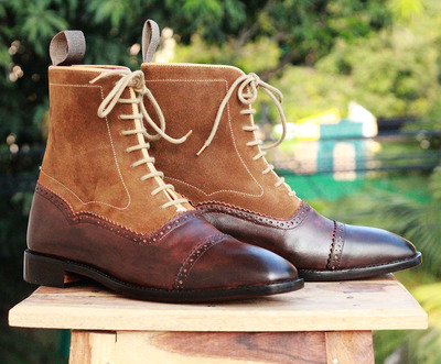 Ankle High Brown Cap Toe Boot, Men's Handmade Leather Suede Lace Up Boots For men's Boot