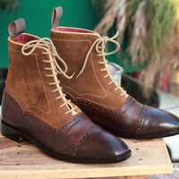 Ankle High Brown Cap Toe Boot, Men's Handmade Leather Suede Lace Up Boots For men's Boot - Thumbnail 1