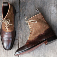 Ankle High Brown Cap Toe Boot, Men's Handmade Leather Suede Lace Up Boots For men's Boot - Thumbnail 2