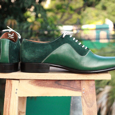 Men's green genuine leather suede oxford handmade lace up shoes - Thumbnail 5