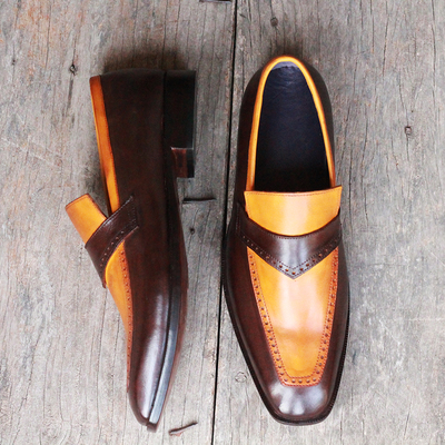 Men's handmade tan brown leather formal shoes slip on slippers  - Thumbnail 3