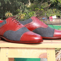 Men's Navy Blue Burgundy Leather Suede Oxford Handmade Lace Up Cap Toe Brogue Shoes - Thumbnail 1