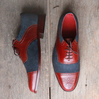 Men's Navy Blue Burgundy Leather Suede Oxford Handmade Lace Up Cap Toe Brogue Shoes - Thumbnail 3