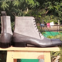 Ankle High Gray Cap Toe Boot, Men's Handmade Leather Suede Lace Up Boots For men's Boot - Thumbnail 1