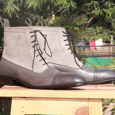 Ankle high gray cap toe boot, men's handmade leather suede lace up boots for men's boot - Thumbnail 4