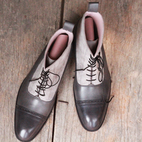 Ankle High Gray Cap Toe Boot, Men's Handmade Leather Suede Lace Up Boots For men's Boot - Thumbnail 2