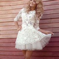Half Sleeves White Homecoming Dresses with Appliques - Thumbnail 1