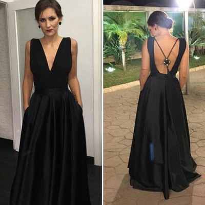 Deep V Neck Black Prom Dresses with Pockets