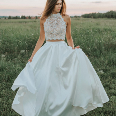 Charming a line white long two piece wedding dresses,prom gown - Thumbnail 5