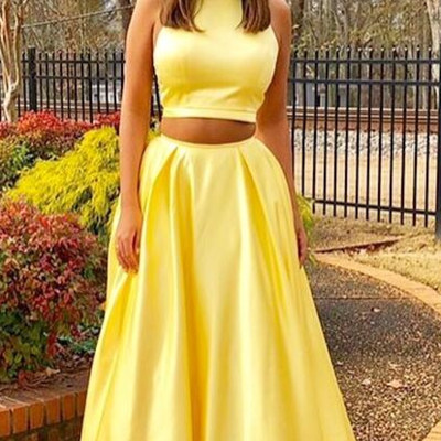 Simple a line long two piece long prom dress with pockets - Thumbnail 5