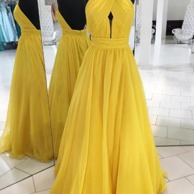 A line halter open back long chiffon prom dress,sexy evening dress