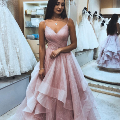 Sexy a line princess pink tulle ball gown prom dress - Thumbnail 5