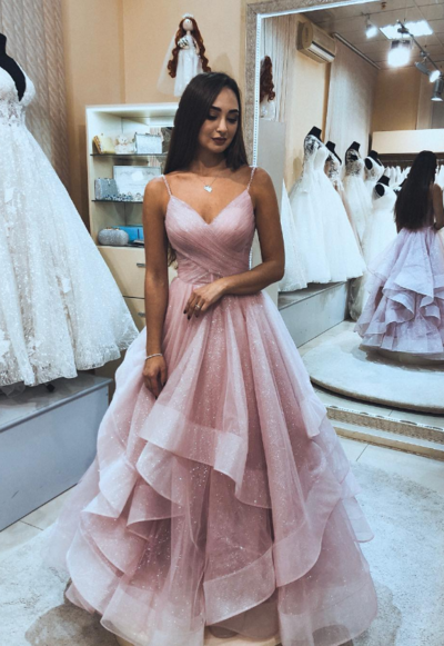 Sexy A Line Princess Pink Tulle Ball Gown Prom Dress