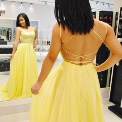 Sexy lace up back mermaid yellow long prom dress,evening dress - Thumbnail 5