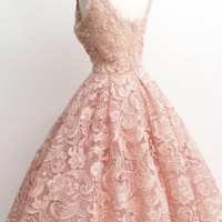 A Line Blush Pink Lace homecoming dress,Tea Length Prom Dress - Thumbnail 1