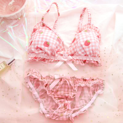 Strawberry plaid pattern lace bow girl sweet japanese student bra set pink panties underwear lingerie - Thumbnail 2