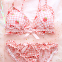Strawberry Plaid Pattern Lace Bow Girl Sweet Japanese Student Bra Set Pink Panties Underwear Lingerie - Thumbnail 1