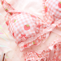Strawberry Plaid Pattern Lace Bow Girl Sweet Japanese Student Bra Set Pink Panties Underwear Lingerie - Thumbnail 3