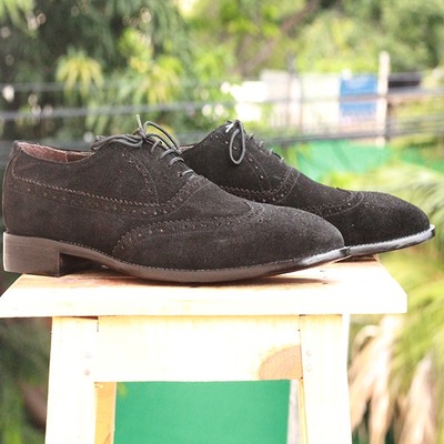 Men's black suede oxford handmade lace up wing tip brogue shoes - Thumbnail 4