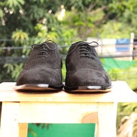 Men's Black Suede Oxford Handmade Lace Up Wing tip Brogue Shoes - Thumbnail 1