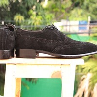 Men's Black Suede Oxford Handmade Lace Up Wing tip Brogue Shoes - Thumbnail 2