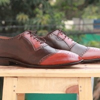 Men's Tan Brown Leather Oxford Handmade Lace Up Wing tip Brogue Shoes - Thumbnail 1