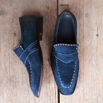 Men's handmade navy blue suede formal shoes slip on slippers penny loafers shoes - Thumbnail 3