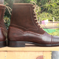 Ankle High Dark Brown Cap Toe Boot, Men's Handmade Leather Suede Lace Up Boots For men's - Thumbnail 1