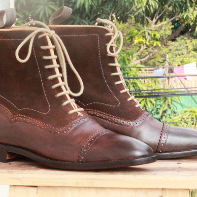 Ankle high dark brown cap toe boot, men's handmade leather suede lace up boots for men's - Thumbnail 5