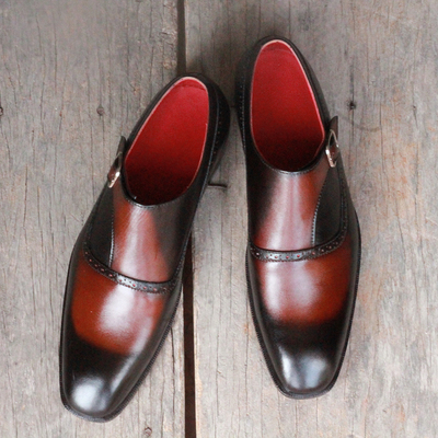 Men's black cognac genuine leather handmade monk strap casual shoes - Thumbnail 3