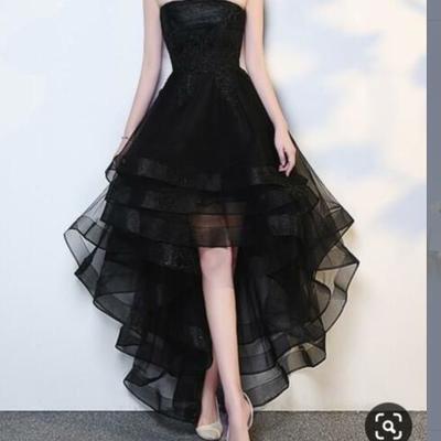 Black ball gown tulle  prom dresses strapless lace bodice evening formal gowns