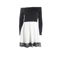 Off Shoulder Black and White Long Sleeve Dress with Lace Detail - Thumbnail 2