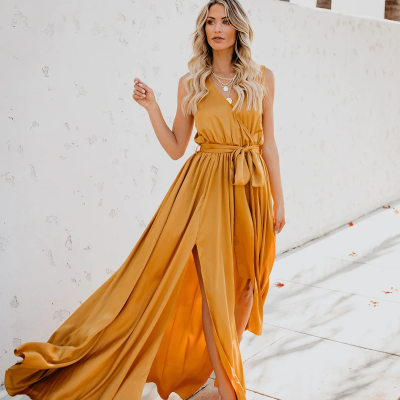 Yellow v neck long party dress with slit - Thumbnail 5