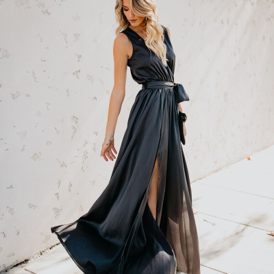 Black v neck long party dress - Thumbnail 5