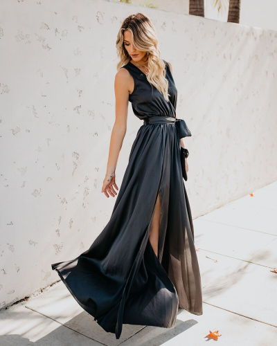 Black V Neck Long Party Dress